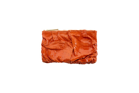 Capri Small Wrinkle Clutch, Orange Glazed Snakeskin