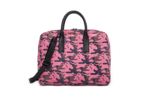 The City Computer Bag, Pink Camo Italian Suede w/ Black Whipsnake Trim