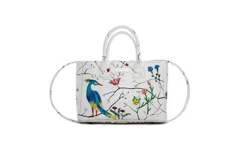 Belgravia Mini Tote, Hand-Painted Paradise, White Glazed Snakeskin