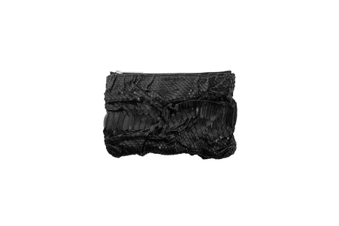 Capri Small Wrinkle Clutch, Black Matte Snakeskin