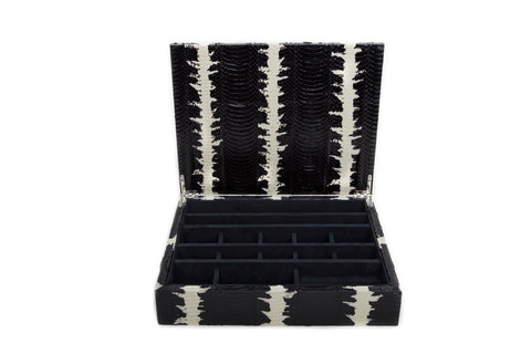 Punta Del Este Jewelry Box, Black and White Starburst Glazed Snakeskin