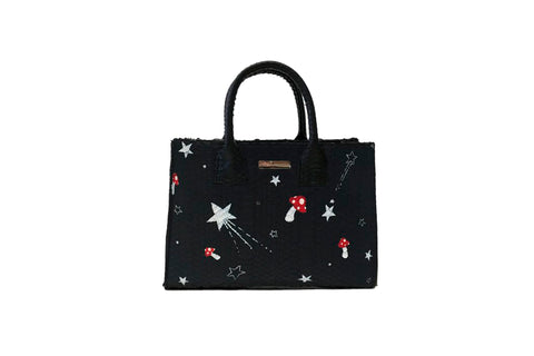 Belgravia Mini Tote, Hand-Painted Mushroom Stars, Black Watersnake