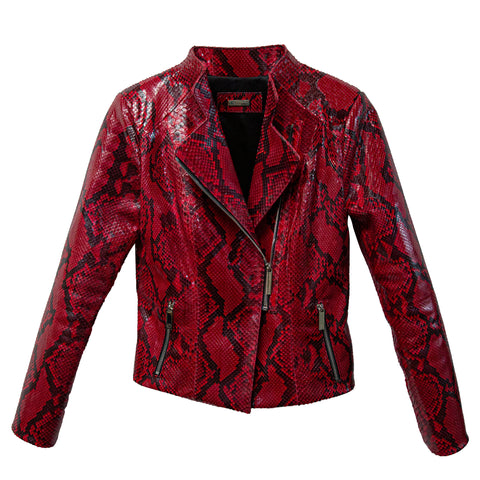 Moscow Biker Jacket, Red/Black Diamond Glazed Snakeskin
