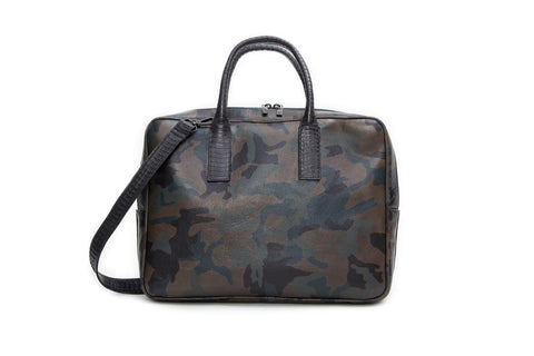 The City Computer Bag, Army Green Camo Italian Leather w/ Black Whipsnake Trim