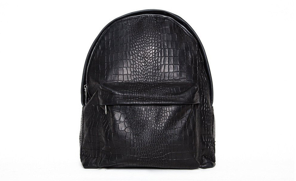croc faux leather backpack with shoulder straps FR Fashion Co. 13" Men's Crocodile Design tight stitching and premium YKK zippers for longlasting performance and a luxurious feel FAWN BROWN FAUX CROC BACK