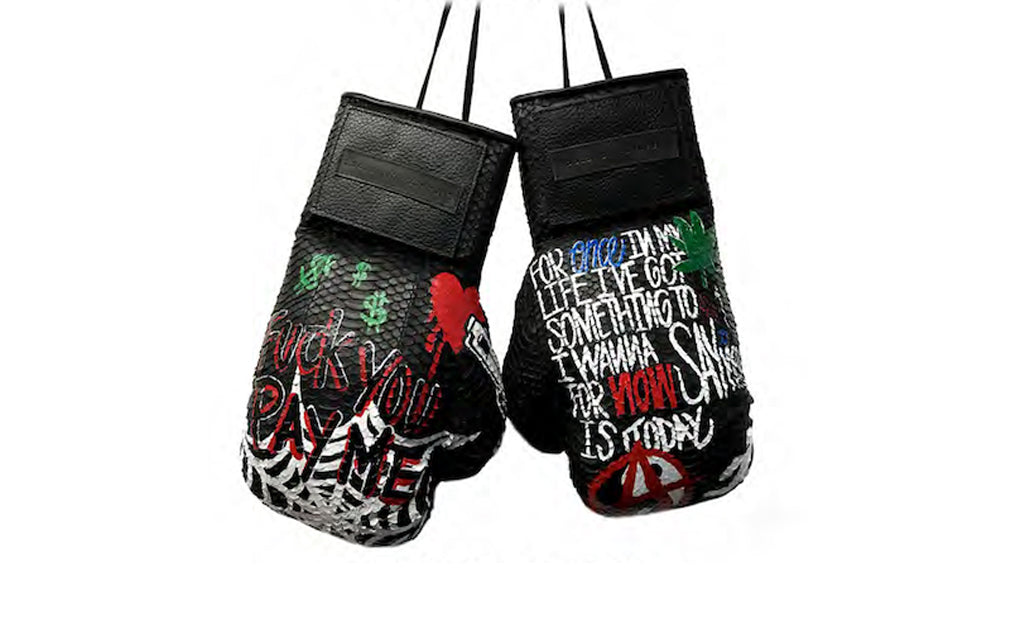 Custom Hand-Painted Manila Boxing Gloves, Black Italian Watersnake