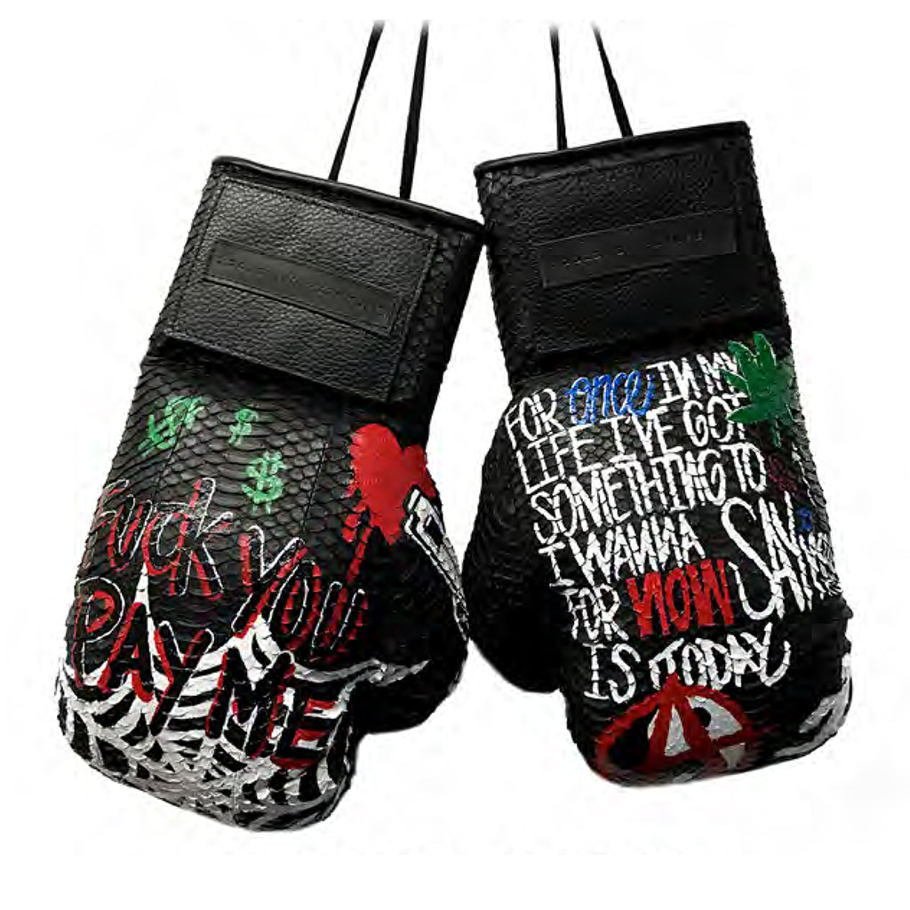 Custom Hand-Painted Manila Boxing Gloves, Black Italian Watersnake